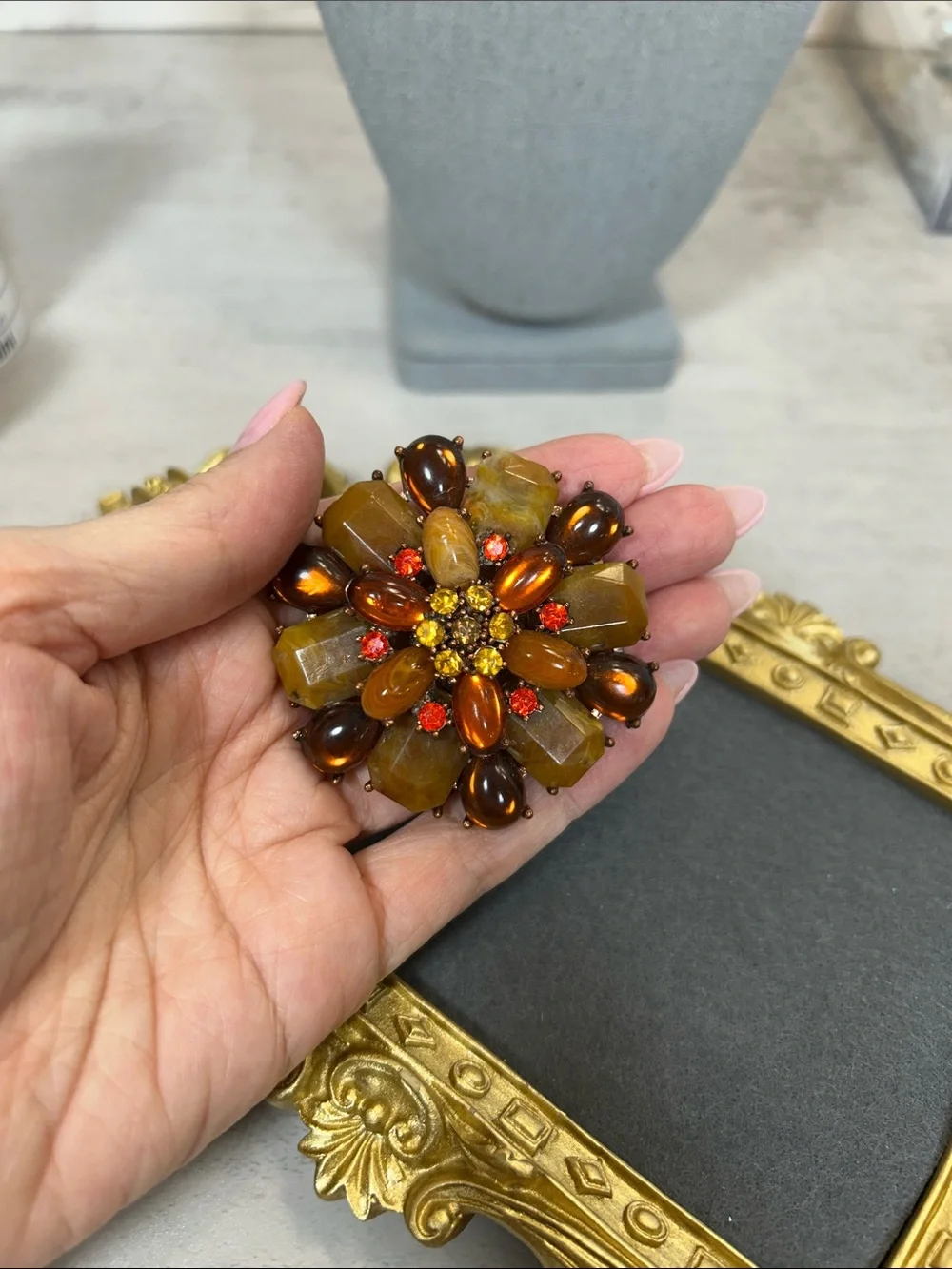 Vintage Floral Cluster Brooch in Amber & Orange Tones